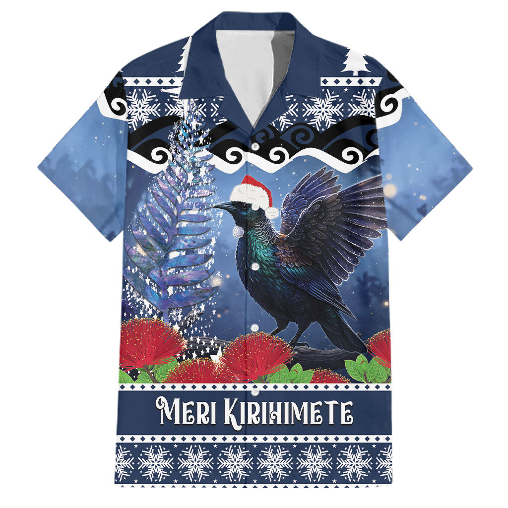 New Zealand Tui Bird Christmas Family Matching Tank Maxi Dress and Hawaiian Shirt Pohutukawa Xmas Tree Meri Kirihimete LT22 Dad's Shirt - Short Sleeve Blue - Polynesian Pride
