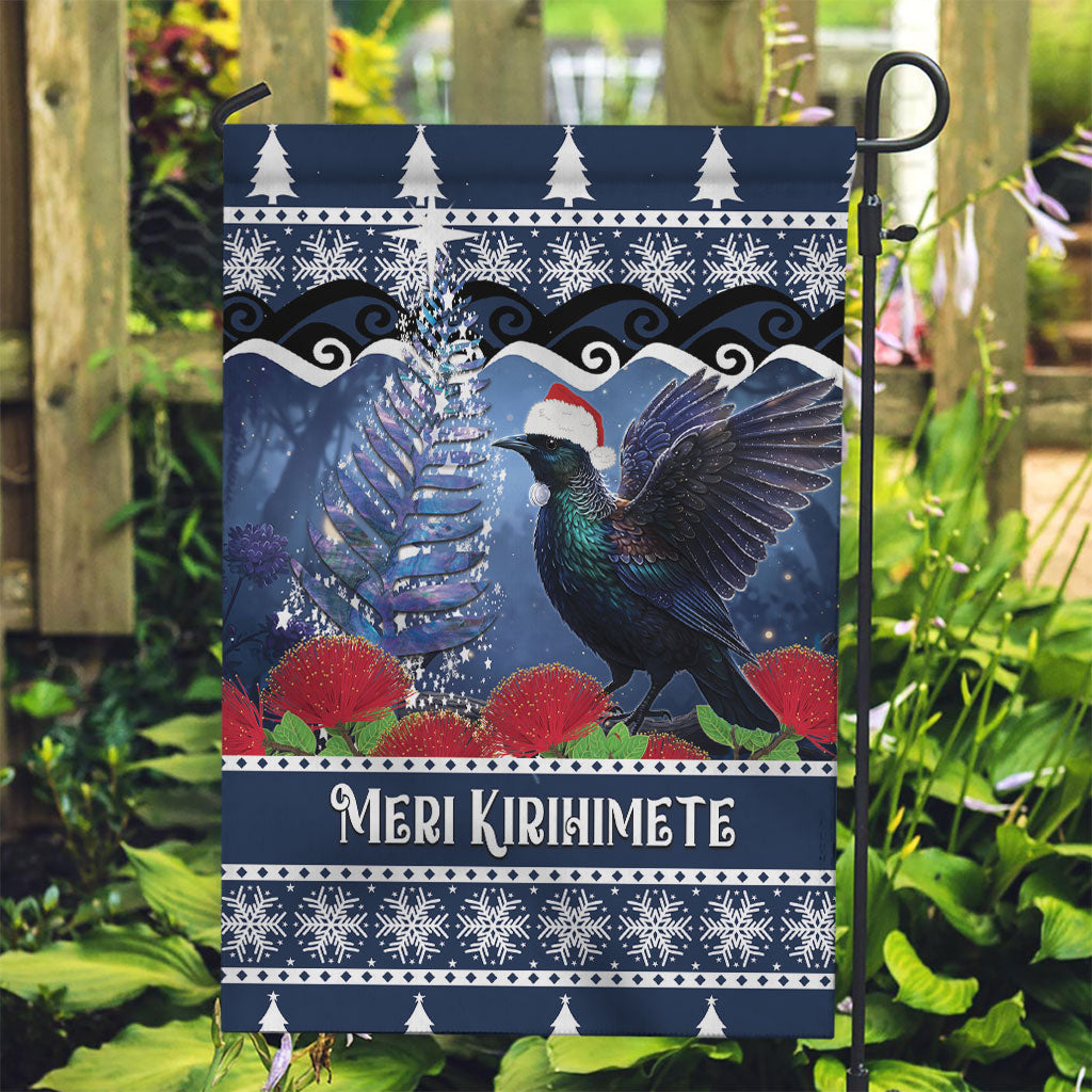 New Zealand Tui Bird Christmas Garden Flag Pohutukawa Xmas Tree Meri Kirihimete LT22 Garden Flag Blue - Polynesian Pride