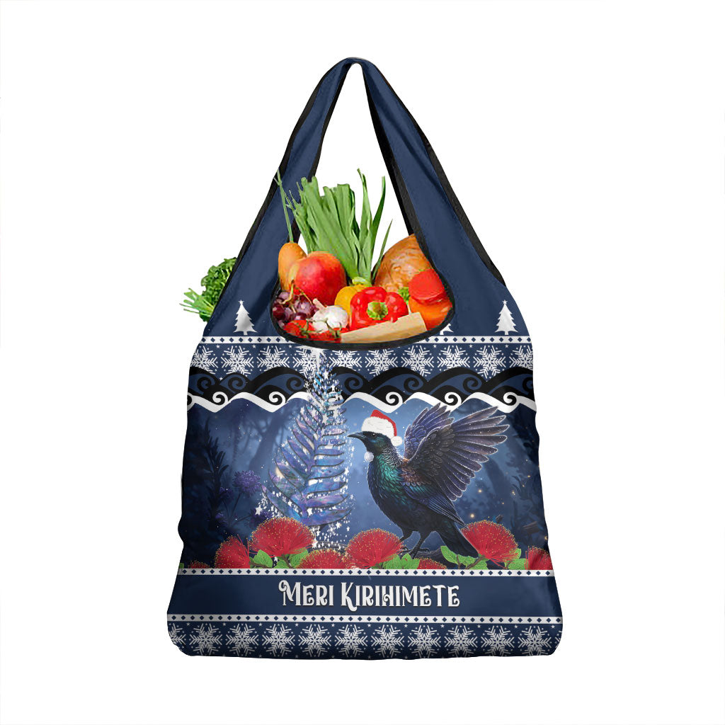 New Zealand Tui Bird Christmas Grocery Bag Pohutukawa Xmas Tree Meri Kirihimete LT22 1-pack One Size Blue - Polynesian Pride