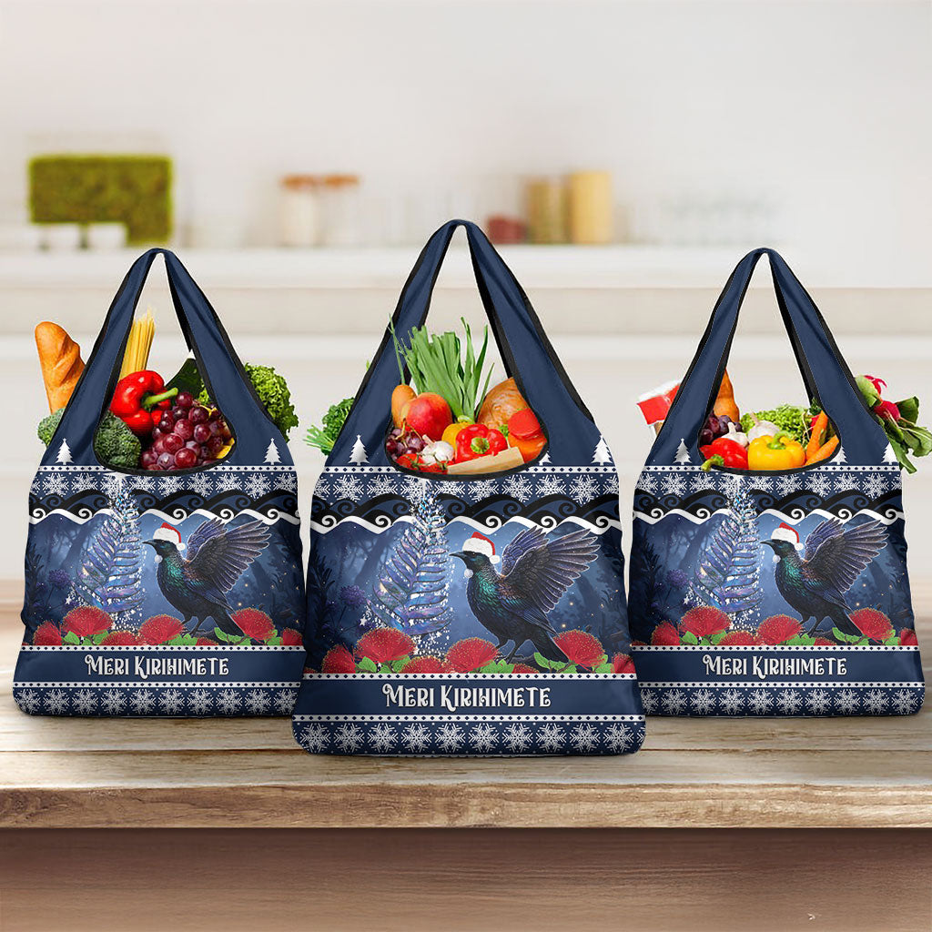 New Zealand Tui Bird Christmas Grocery Bag Pohutukawa Xmas Tree Meri Kirihimete LT22 3-pack One Size Blue - Polynesian Pride