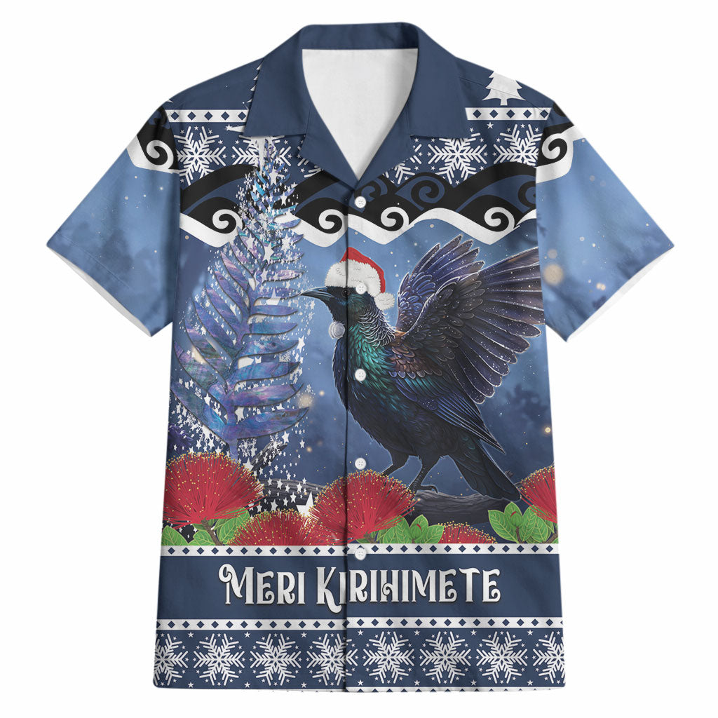 New Zealand Tui Bird Christmas Hawaiian Shirt Pohutukawa Xmas Tree Meri Kirihimete LT22 Blue - Polynesian Pride