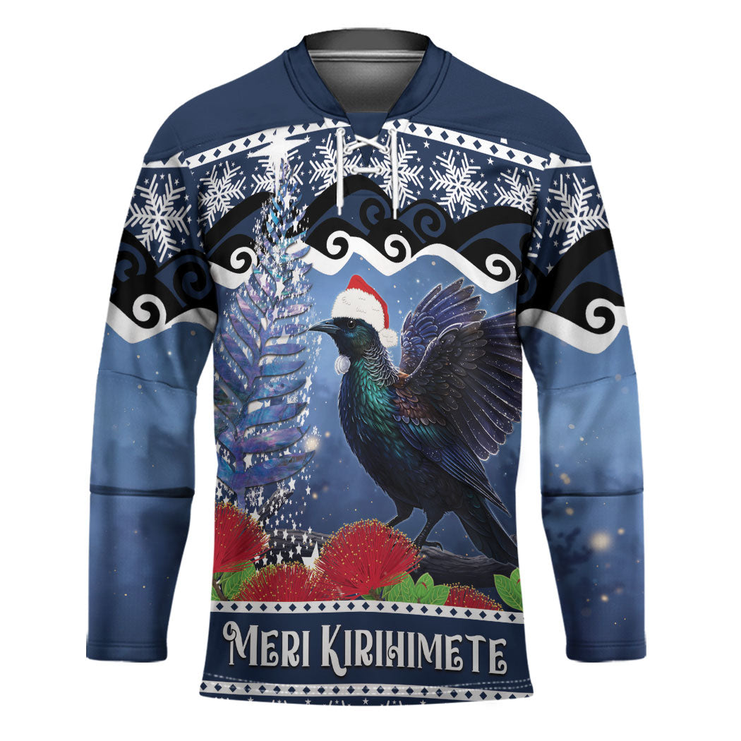 New Zealand Tui Bird Christmas Hockey Jersey Pohutukawa Xmas Tree Meri Kirihimete LT22 Unisex Blue - Polynesian Pride