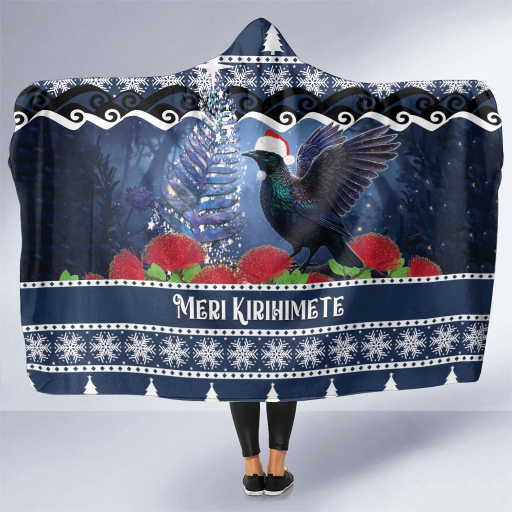 New Zealand Tui Bird Christmas Hooded Blanket Pohutukawa Xmas Tree Meri Kirihimete LT22 One Size Blue - Polynesian Pride