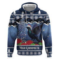 New Zealand Tui Bird Christmas Hoodie Pohutukawa Xmas Tree Meri Kirihimete LT22 Pullover Hoodie Blue - Polynesian Pride