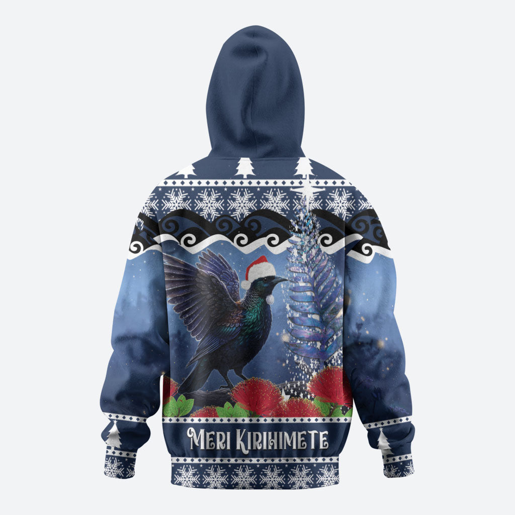 New Zealand Tui Bird Christmas Hoodie Pohutukawa Xmas Tree Meri Kirihimete LT22 - Polynesian Pride