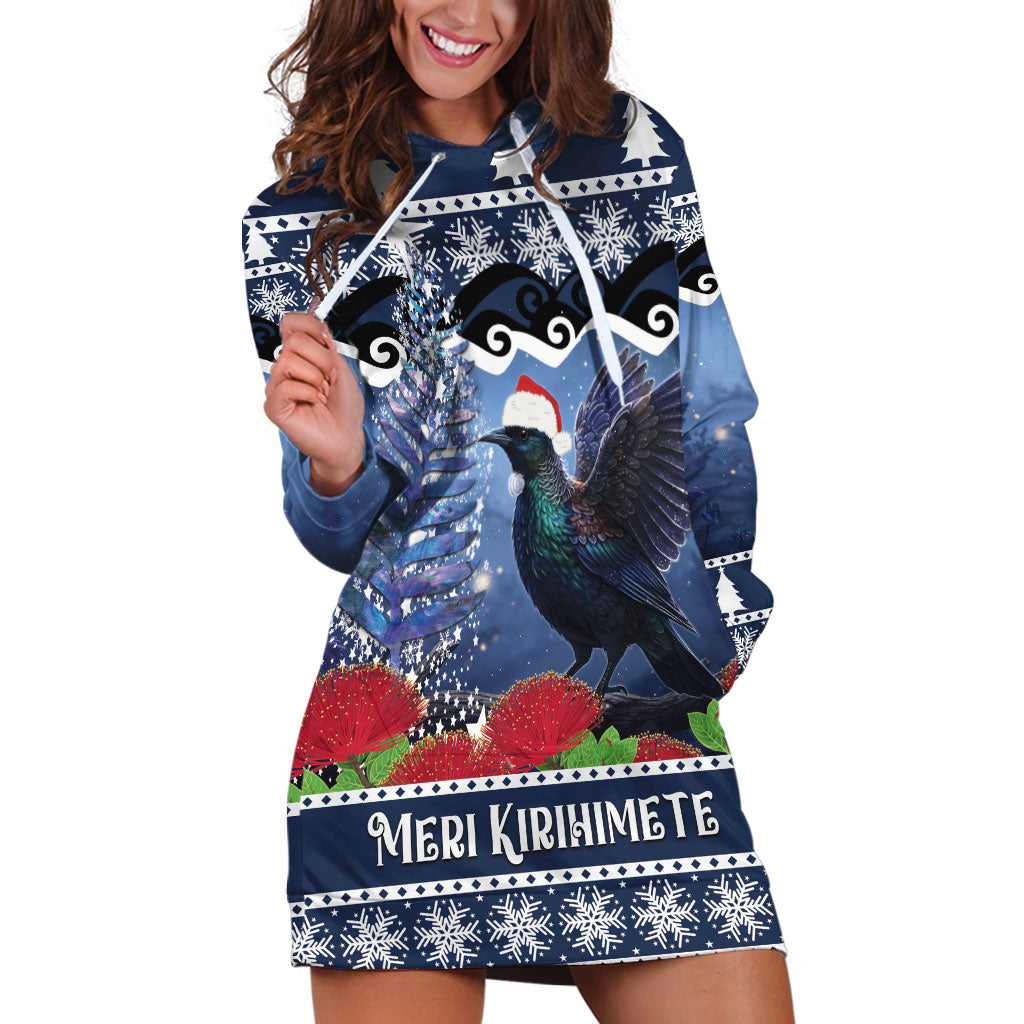 New Zealand Tui Bird Christmas Hoodie Dress Pohutukawa Xmas Tree Meri Kirihimete LT22 Blue - Polynesian Pride