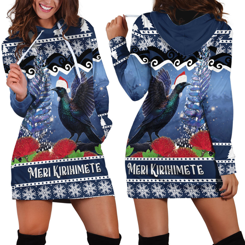 New Zealand Tui Bird Christmas Hoodie Dress Pohutukawa Xmas Tree Meri Kirihimete LT22 - Polynesian Pride