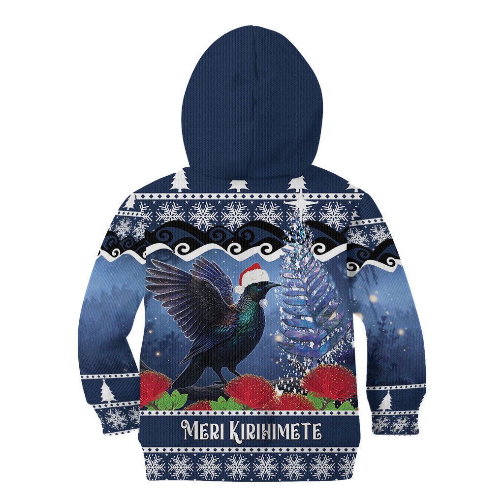 New Zealand Tui Bird Christmas Kid Hoodie Pohutukawa Xmas Tree Meri Kirihimete LT22 - Polynesian Pride