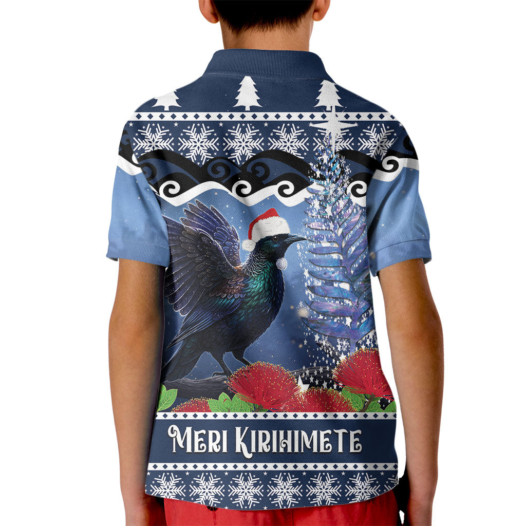 New Zealand Tui Bird Christmas Kid Polo Shirt Pohutukawa Xmas Tree Meri Kirihimete LT22 - Polynesian Pride