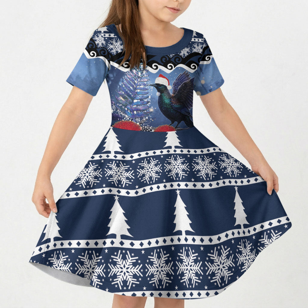 New Zealand Tui Bird Christmas Kid Short Sleeve Dress Pohutukawa Xmas Tree Meri Kirihimete LT22 KID Blue - Polynesian Pride
