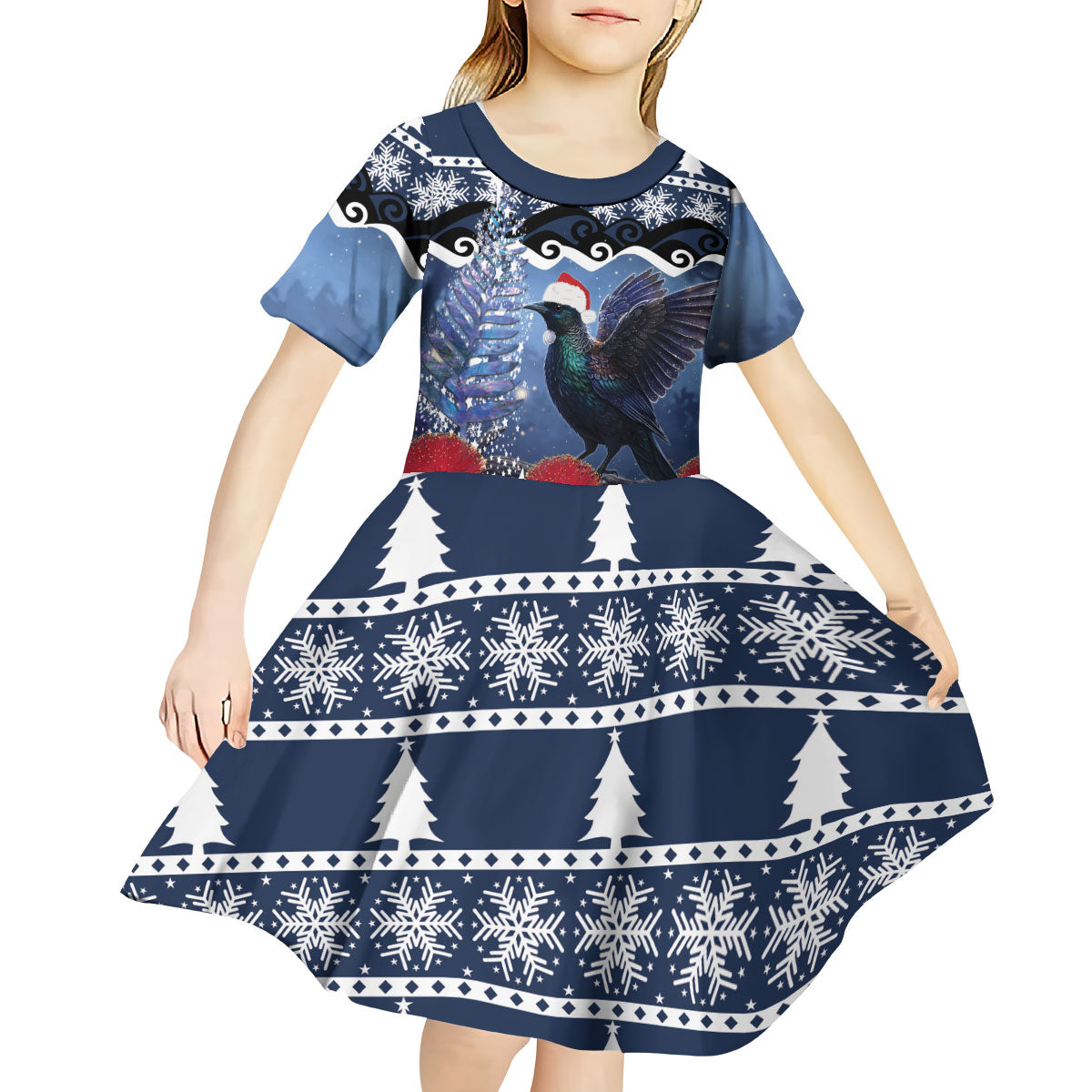 New Zealand Tui Bird Christmas Kid Short Sleeve Dress Pohutukawa Xmas Tree Meri Kirihimete LT22 - Polynesian Pride