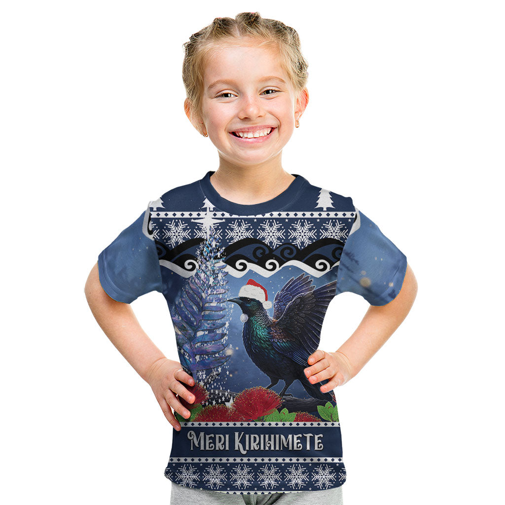 New Zealand Tui Bird Christmas Kid T Shirt Pohutukawa Xmas Tree Meri Kirihimete LT22 Blue - Polynesian Pride