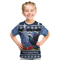 New Zealand Tui Bird Christmas Kid T Shirt Pohutukawa Xmas Tree Meri Kirihimete LT22 Blue - Polynesian Pride