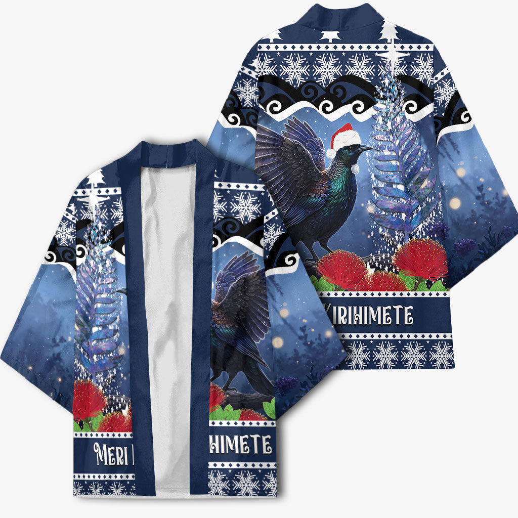 New Zealand Tui Bird Christmas Kimono Pohutukawa Xmas Tree Meri Kirihimete LT22 - Polynesian Pride