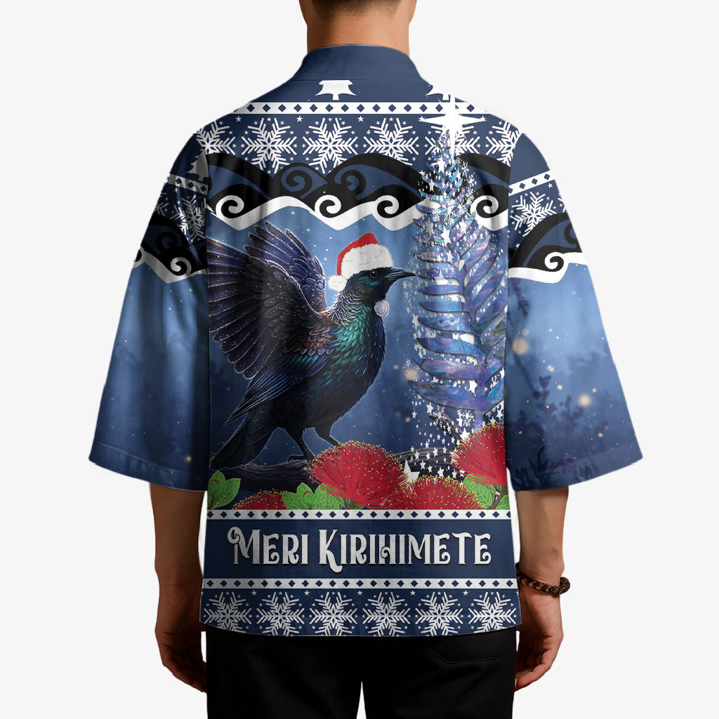 New Zealand Tui Bird Christmas Kimono Pohutukawa Xmas Tree Meri Kirihimete LT22 - Polynesian Pride
