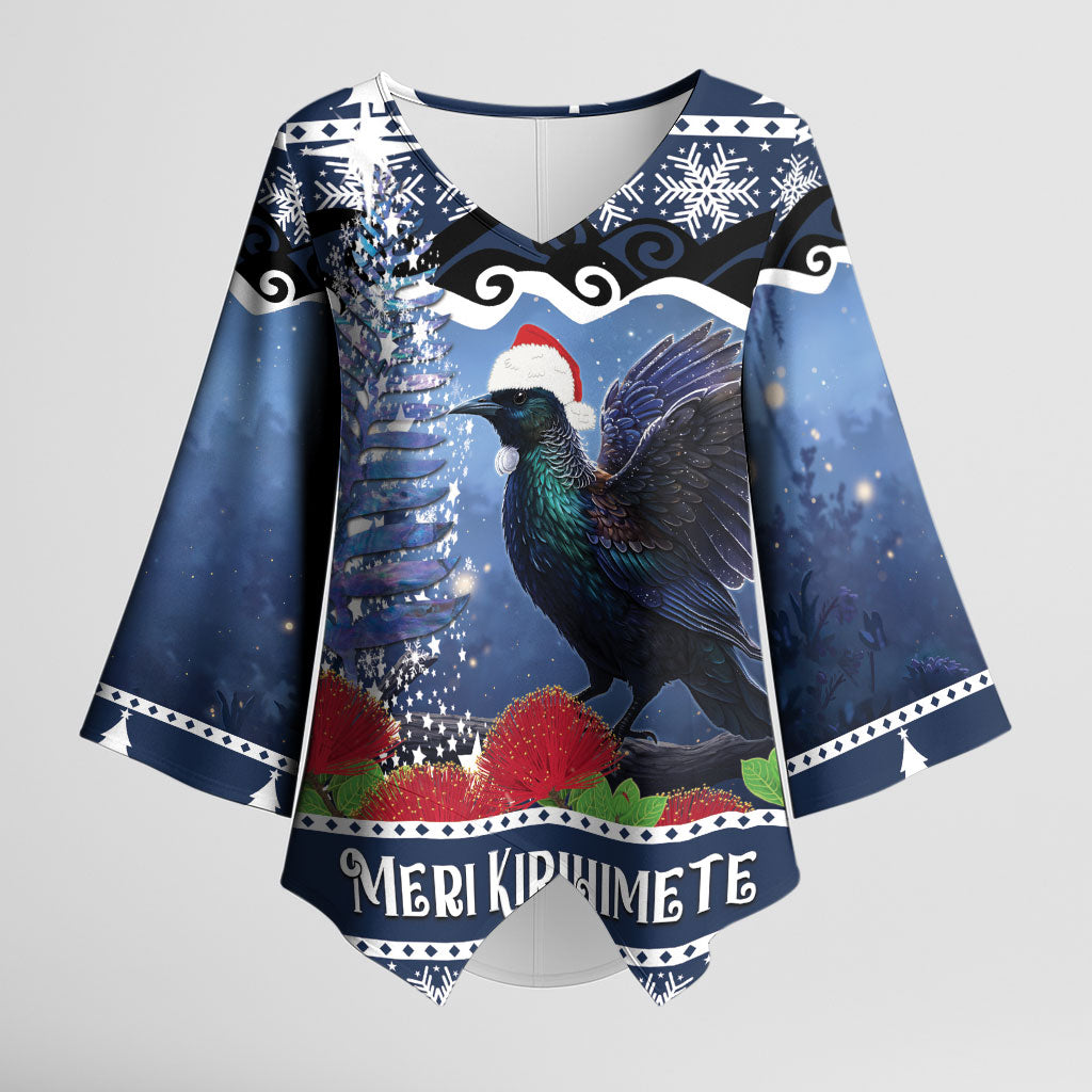 New Zealand Tui Bird Christmas Kimono Sleeve Blouse Pohutukawa Xmas Tree Meri Kirihimete LT22 Female Blue - Polynesian Pride