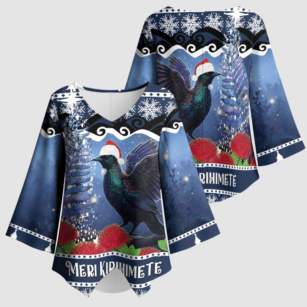 New Zealand Tui Bird Christmas Kimono Sleeve Blouse Pohutukawa Xmas Tree Meri Kirihimete LT22 - Polynesian Pride