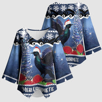 New Zealand Tui Bird Christmas Kimono Sleeve Blouse Pohutukawa Xmas Tree Meri Kirihimete LT22 - Polynesian Pride