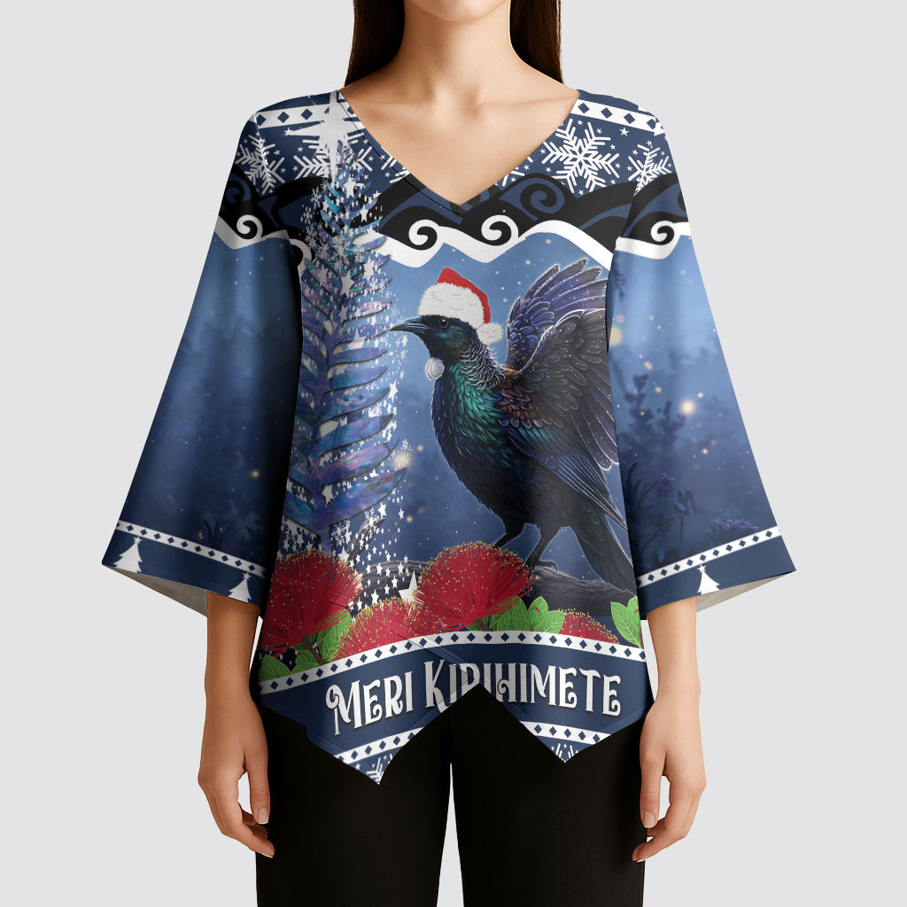New Zealand Tui Bird Christmas Kimono Sleeve Blouse Pohutukawa Xmas Tree Meri Kirihimete LT22 - Polynesian Pride