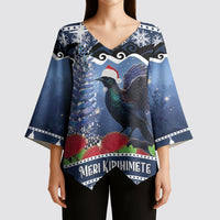 New Zealand Tui Bird Christmas Kimono Sleeve Blouse Pohutukawa Xmas Tree Meri Kirihimete LT22 - Polynesian Pride