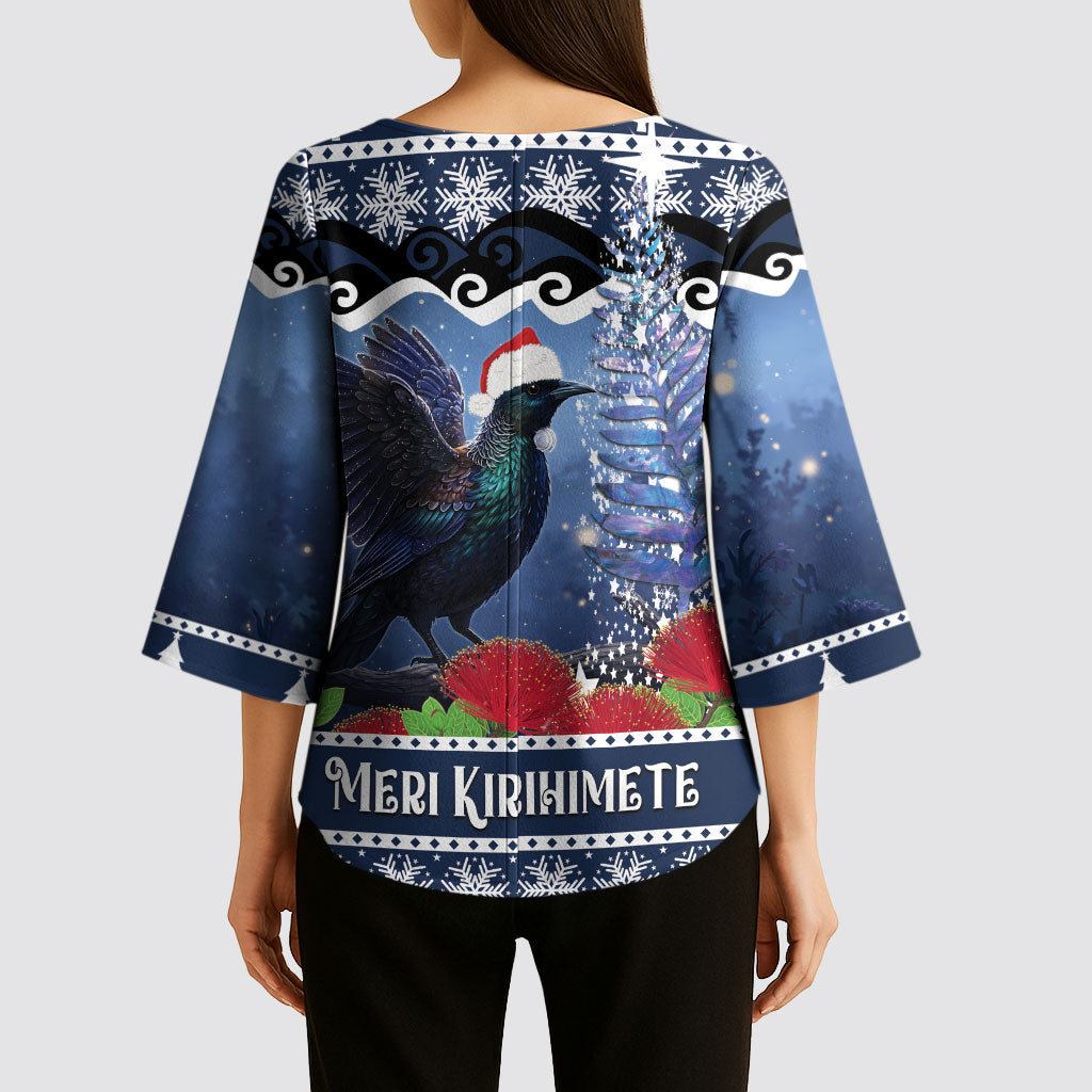 New Zealand Tui Bird Christmas Kimono Sleeve Blouse Pohutukawa Xmas Tree Meri Kirihimete LT22 - Polynesian Pride
