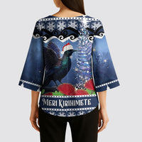 New Zealand Tui Bird Christmas Kimono Sleeve Blouse Pohutukawa Xmas Tree Meri Kirihimete LT22 - Polynesian Pride