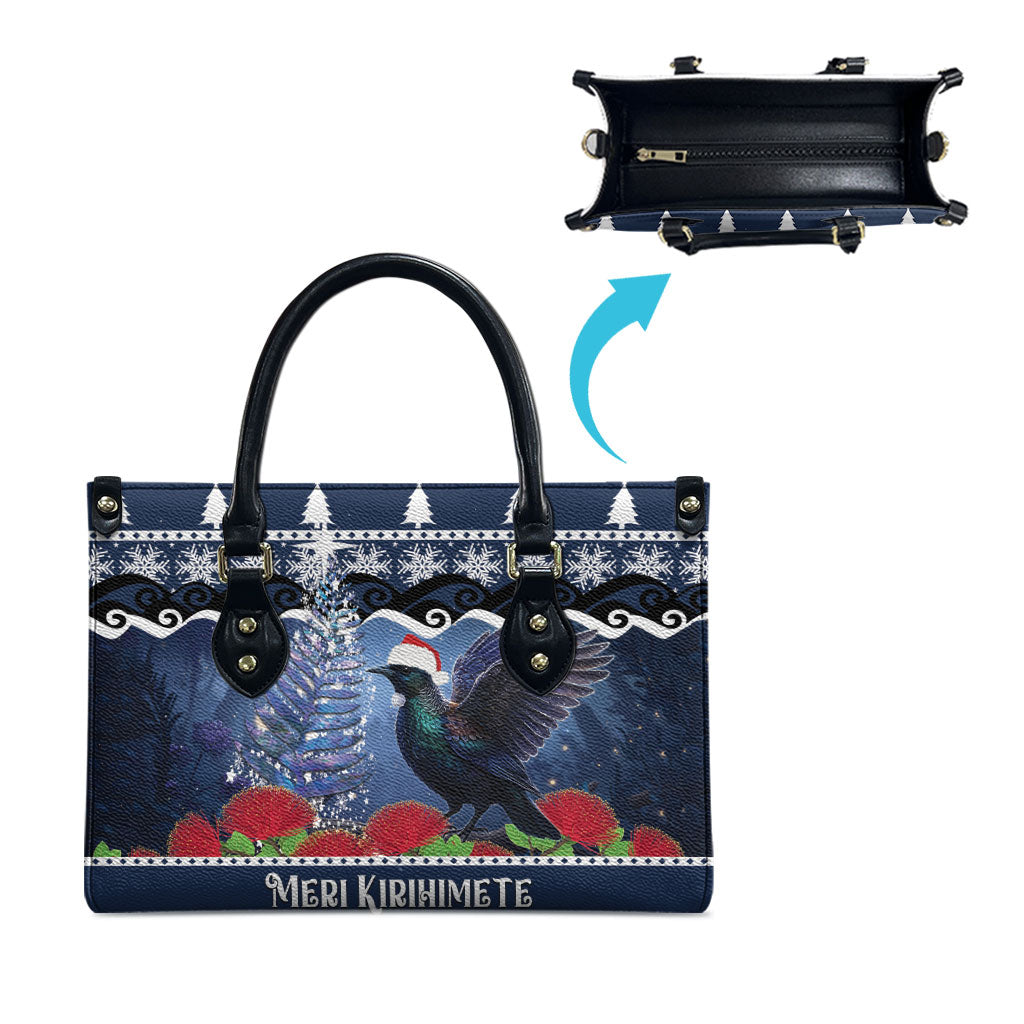 New Zealand Tui Bird Christmas Leather Bag Pohutukawa Xmas Tree Meri Kirihimete LT22 - Polynesian Pride