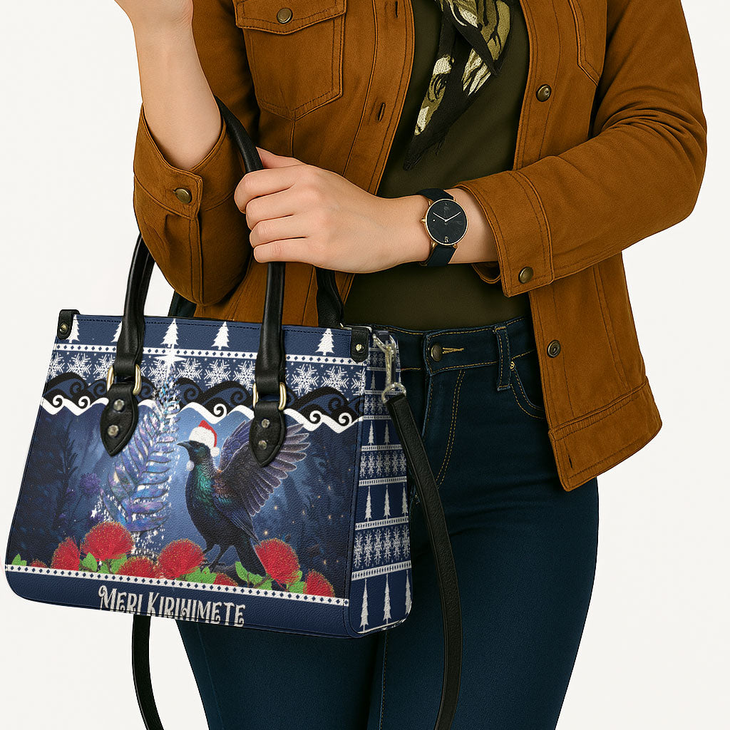 New Zealand Tui Bird Christmas Leather Bag Pohutukawa Xmas Tree Meri Kirihimete LT22 - Polynesian Pride