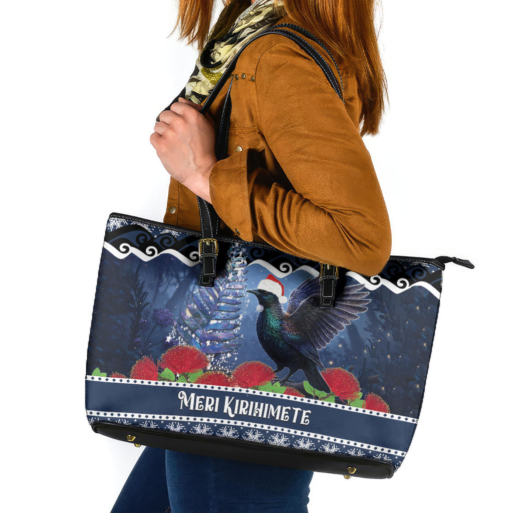 New Zealand Tui Bird Christmas Leather Tote Bag Pohutukawa Xmas Tree Meri Kirihimete LT22 Blue - Polynesian Pride