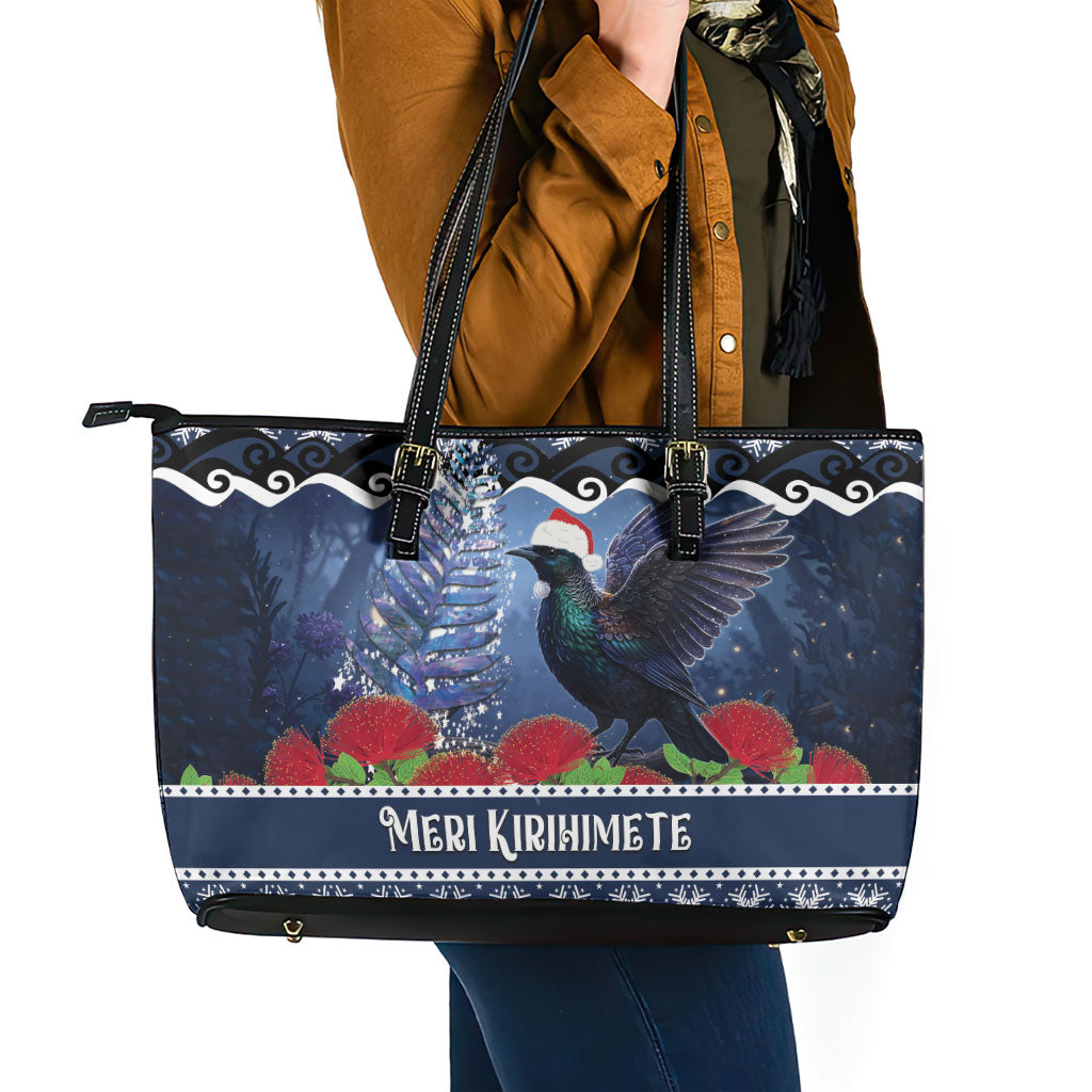 New Zealand Tui Bird Christmas Leather Tote Bag Pohutukawa Xmas Tree Meri Kirihimete LT22 - Polynesian Pride