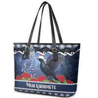 New Zealand Tui Bird Christmas Leather Tote Bag Pohutukawa Xmas Tree Meri Kirihimete LT22 - Polynesian Pride