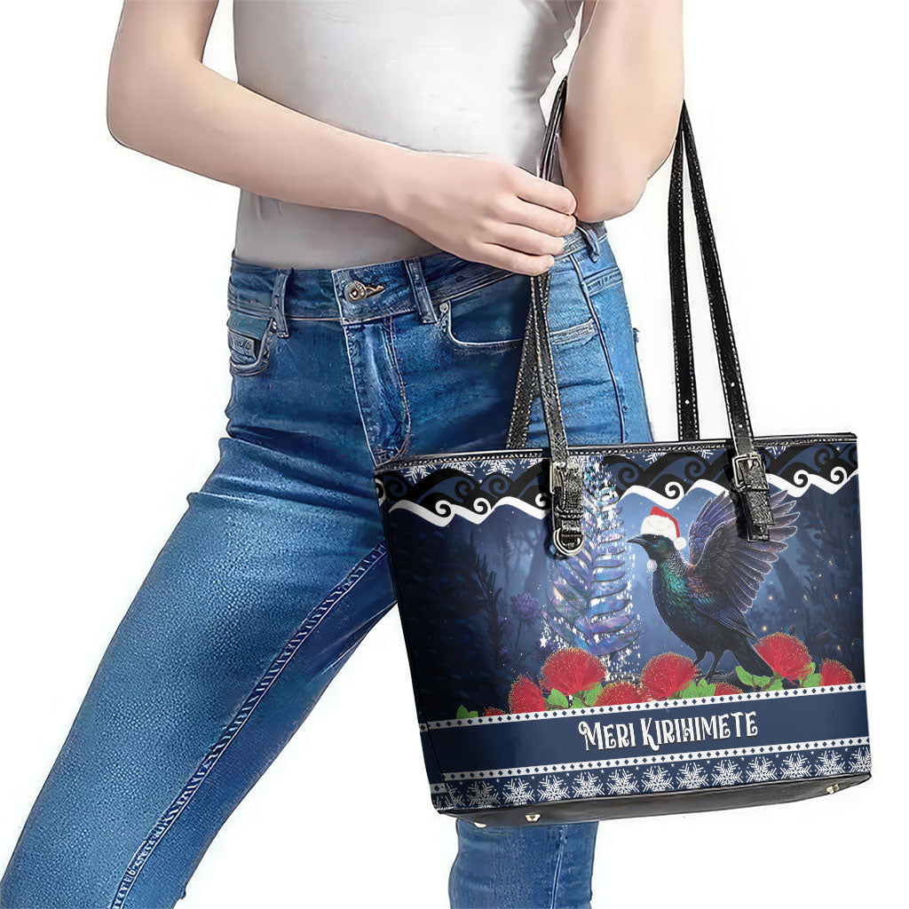 New Zealand Tui Bird Christmas Leather Tote Bag Pohutukawa Xmas Tree Meri Kirihimete LT22 - Polynesian Pride