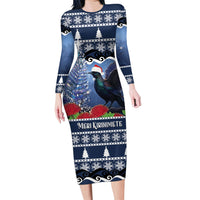 New Zealand Tui Bird Christmas Long Sleeve Bodycon Dress Pohutukawa Xmas Tree Meri Kirihimete LT22 Long Dress Blue - Polynesian Pride