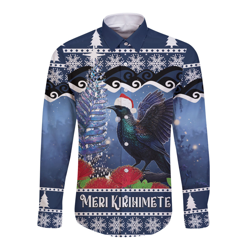 New Zealand Tui Bird Christmas Long Sleeve Button Shirt Pohutukawa Xmas Tree Meri Kirihimete LT22 Unisex Blue - Polynesian Pride