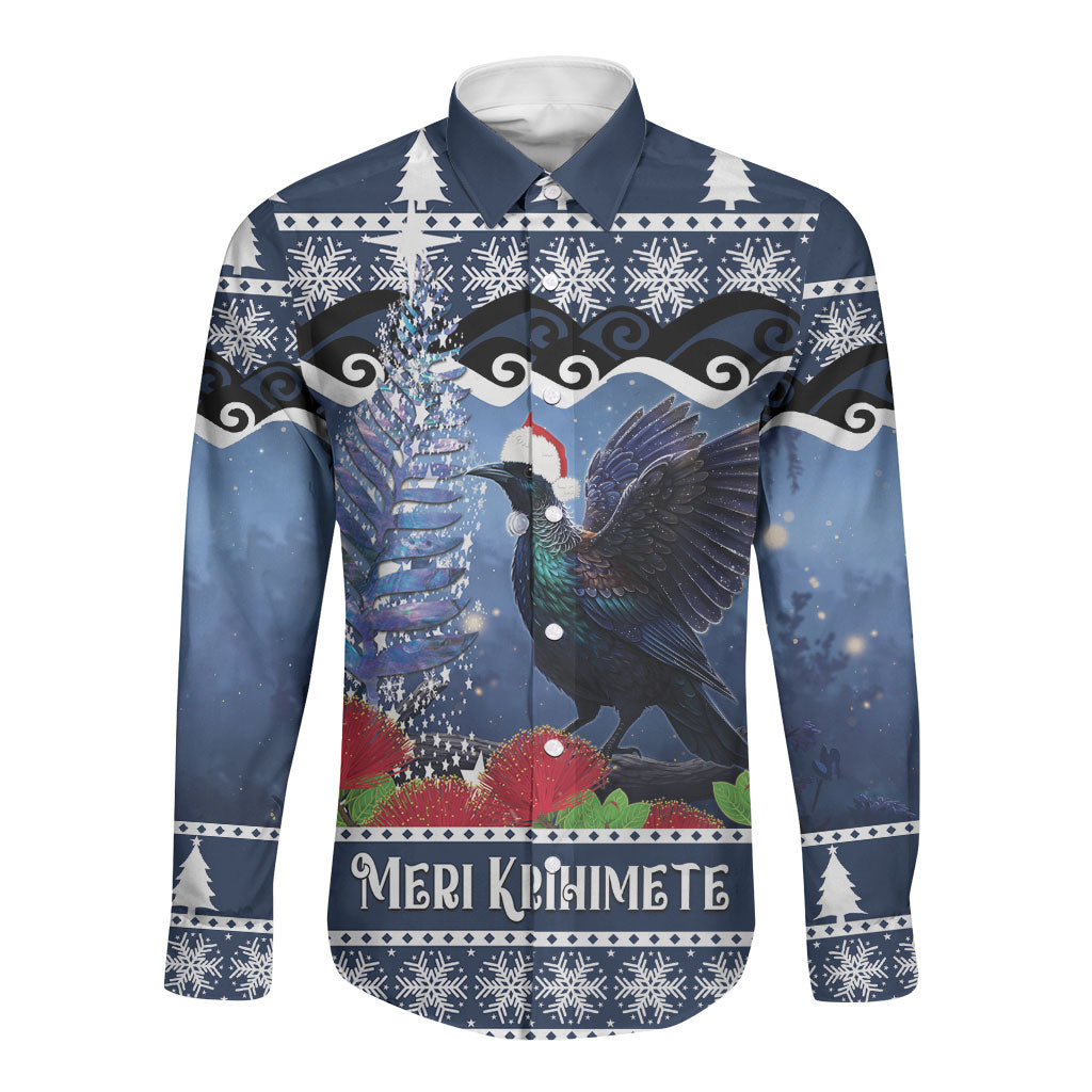 New Zealand Tui Bird Christmas Long Sleeve Button Shirt Pohutukawa Xmas Tree Meri Kirihimete LT22 Unisex Blue - Polynesian Pride