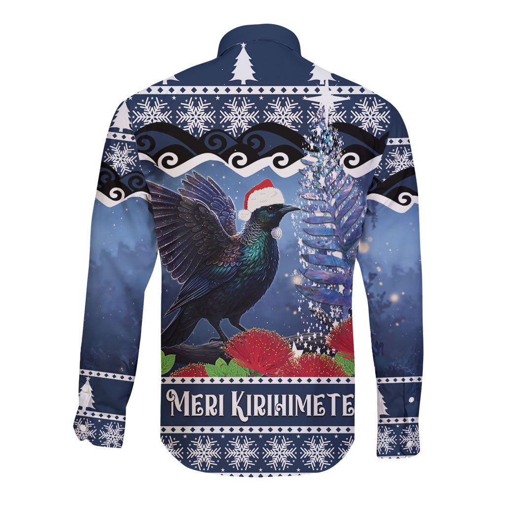 New Zealand Tui Bird Christmas Long Sleeve Button Shirt Pohutukawa Xmas Tree Meri Kirihimete LT22 - Polynesian Pride