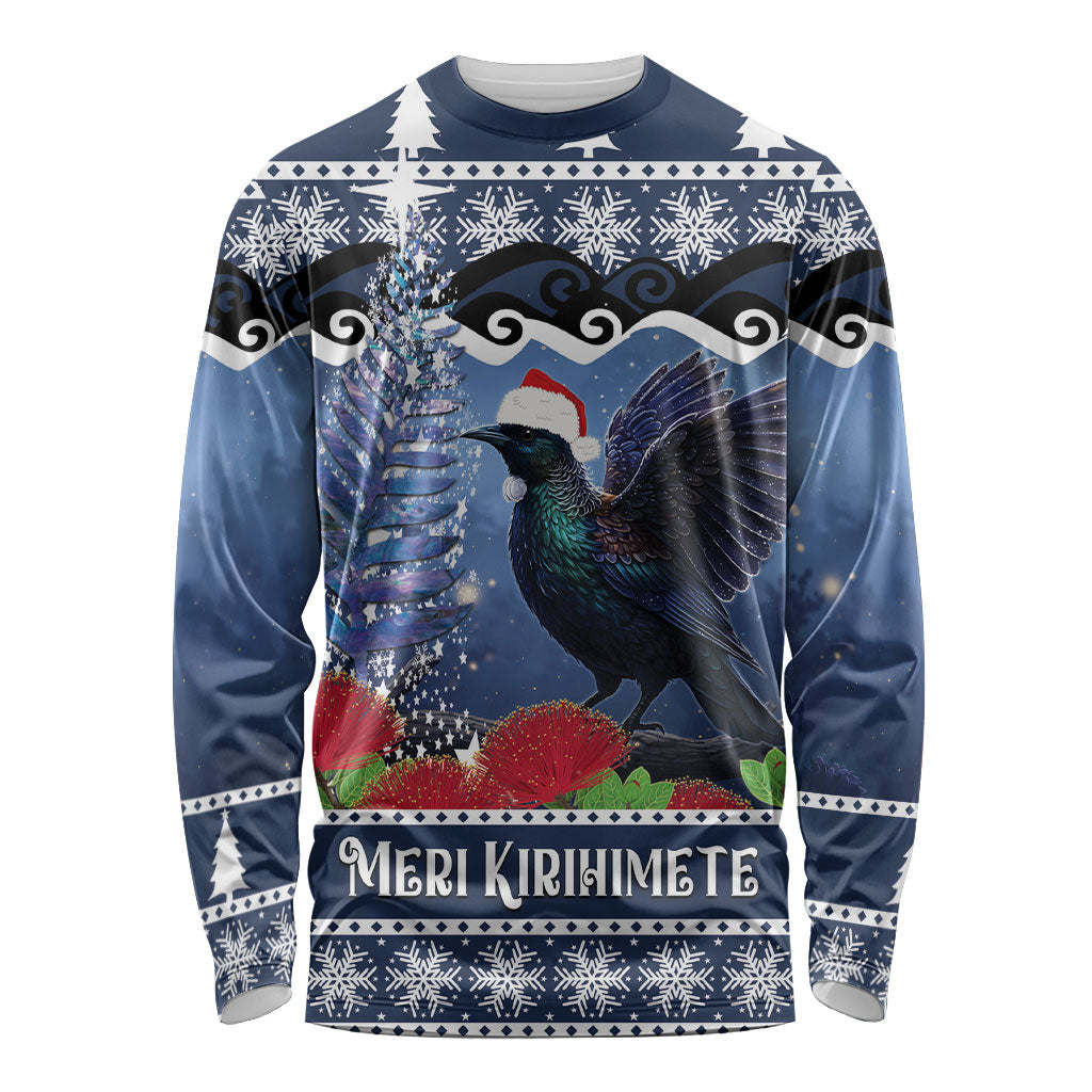 New Zealand Tui Bird Christmas Long Sleeve Shirt Pohutukawa Xmas Tree Meri Kirihimete LT22 Unisex Blue - Polynesian Pride
