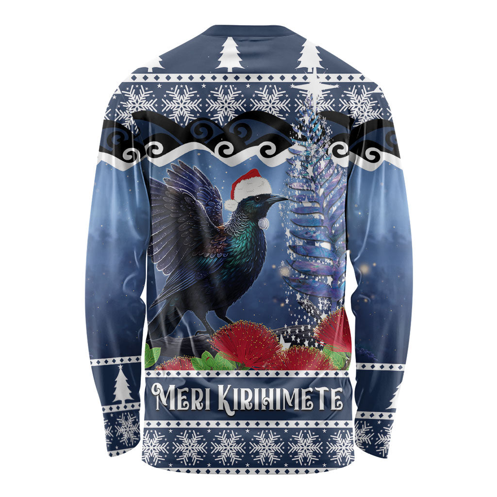 New Zealand Tui Bird Christmas Long Sleeve Shirt Pohutukawa Xmas Tree Meri Kirihimete LT22 - Polynesian Pride