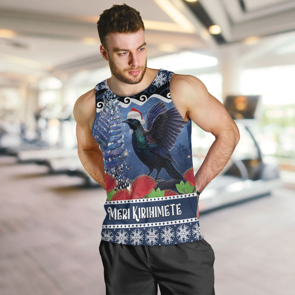 New Zealand Tui Bird Christmas Men Tank Top Pohutukawa Xmas Tree Meri Kirihimete LT22 Blue - Polynesian Pride