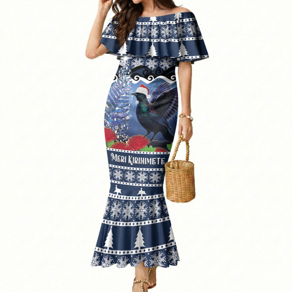 New Zealand Tui Bird Christmas Mermaid Dress Pohutukawa Xmas Tree Meri Kirihimete LT22 Women Blue - Polynesian Pride