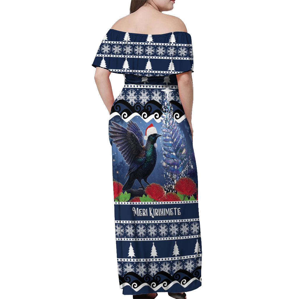 New Zealand Tui Bird Christmas Off Shoulder Maxi Dress Pohutukawa Xmas Tree Meri Kirihimete LT22 - Polynesian Pride