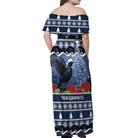 New Zealand Tui Bird Christmas Off Shoulder Maxi Dress Pohutukawa Xmas Tree Meri Kirihimete LT22 - Polynesian Pride