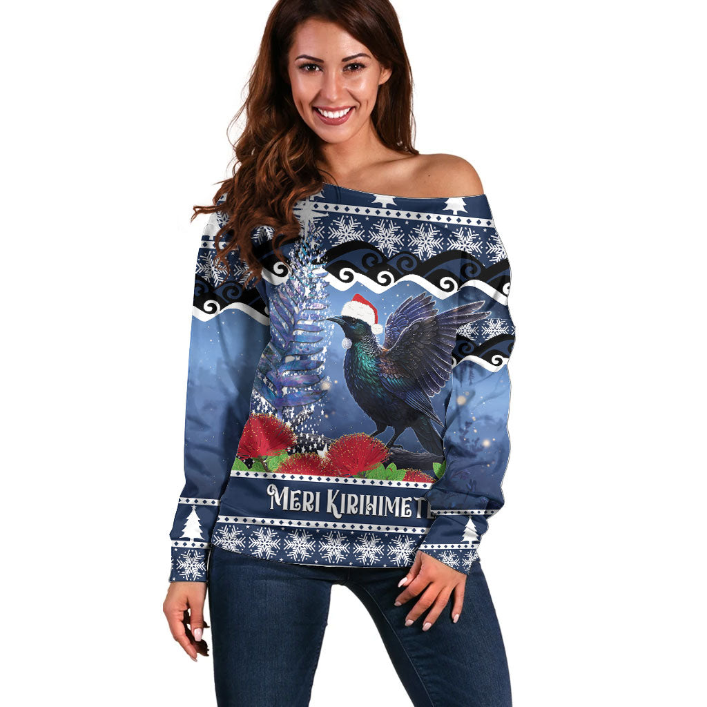 New Zealand Tui Bird Christmas Off Shoulder Sweater Pohutukawa Xmas Tree Meri Kirihimete LT22 Women Blue - Polynesian Pride