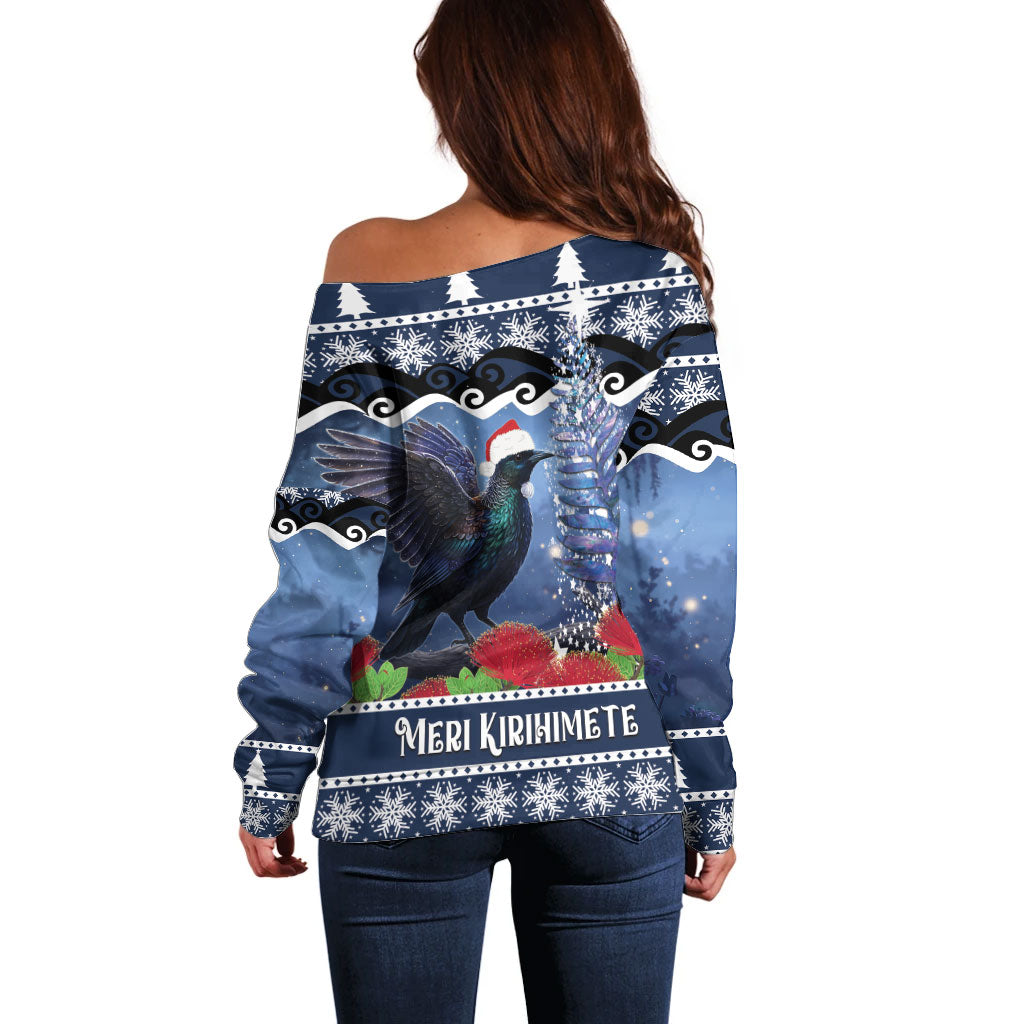 New Zealand Tui Bird Christmas Off Shoulder Sweater Pohutukawa Xmas Tree Meri Kirihimete LT22 - Polynesian Pride