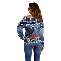 New Zealand Tui Bird Christmas Off Shoulder Sweater Pohutukawa Xmas Tree Meri Kirihimete LT22 - Polynesian Pride