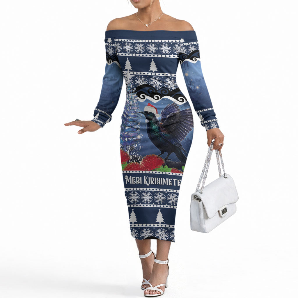 New Zealand Tui Bird Christmas Off The Shoulder Long Sleeve Dress Pohutukawa Xmas Tree Meri Kirihimete LT22 Women Blue - Polynesian Pride