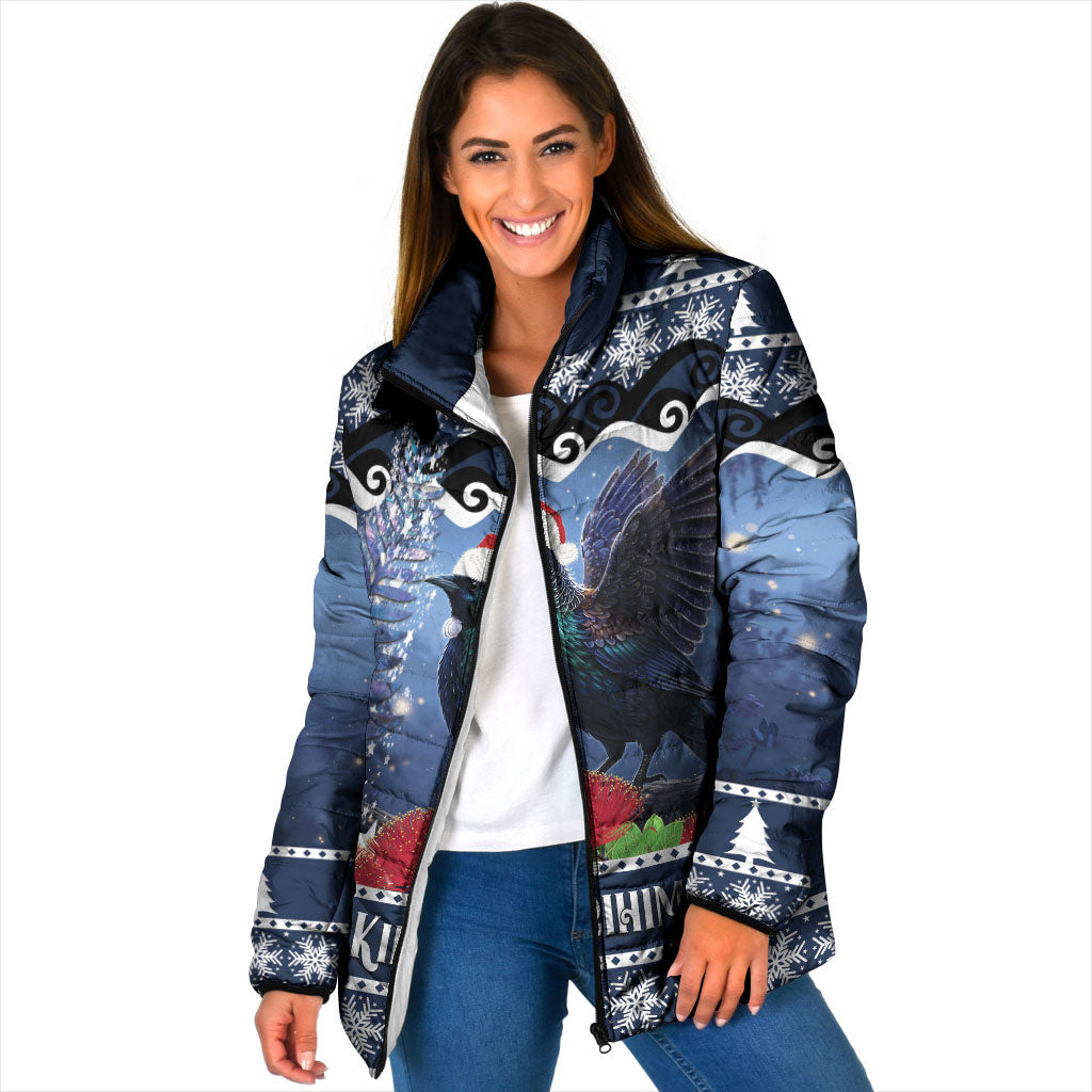 New Zealand Tui Bird Christmas Padded Jacket Pohutukawa Xmas Tree Meri Kirihimete LT22 Women Blue - Polynesian Pride