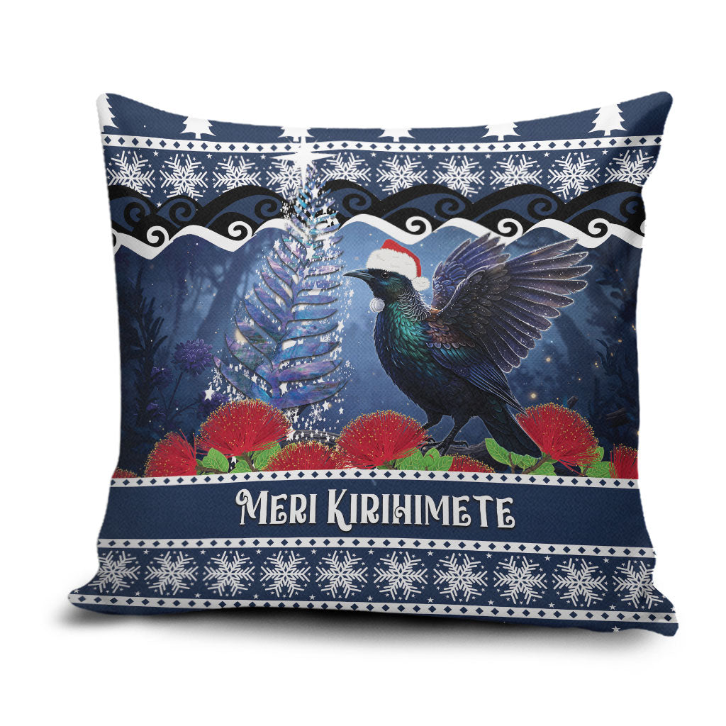 New Zealand Tui Bird Christmas Pillow Cover Pohutukawa Xmas Tree Meri Kirihimete LT22 Blue - Polynesian Pride