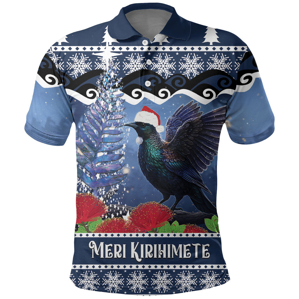 New Zealand Tui Bird Christmas Polo Shirt Pohutukawa Xmas Tree Meri Kirihimete LT22 Blue - Polynesian Pride