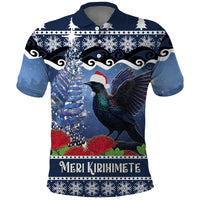 New Zealand Tui Bird Christmas Polo Shirt Pohutukawa Xmas Tree Meri Kirihimete LT22 Blue - Polynesian Pride